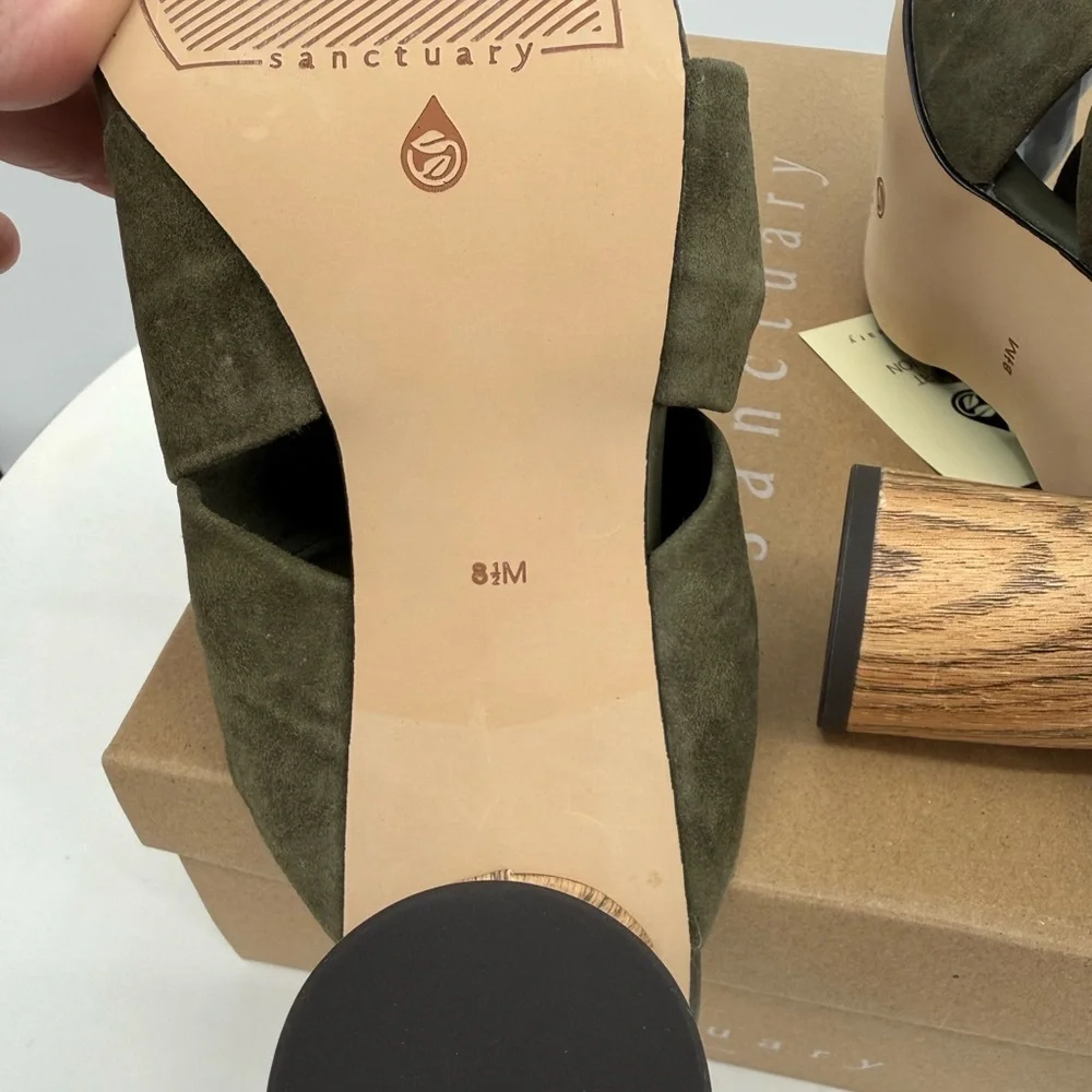 Sanctuary Sunset 2.0 Mossy Green Suede Bow Mule Heels 8.5 NIB Woodgrain Heel ECO